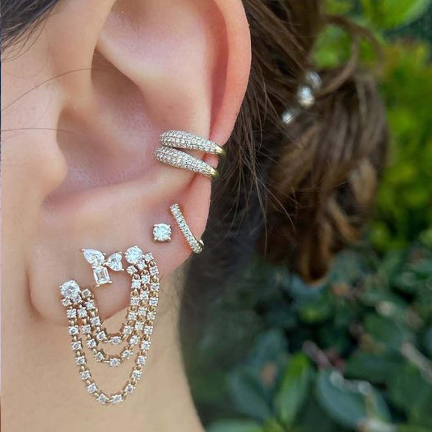 Double Stud Statement Diamond Drop Link Earrings